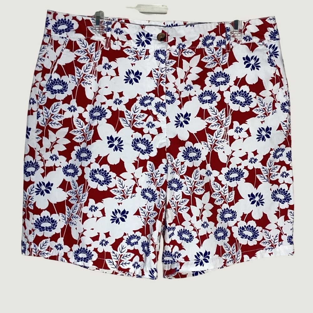 Kim Rogers Floral Shorts Women 16 Red White Blue Summer Cotton Stretch Casual